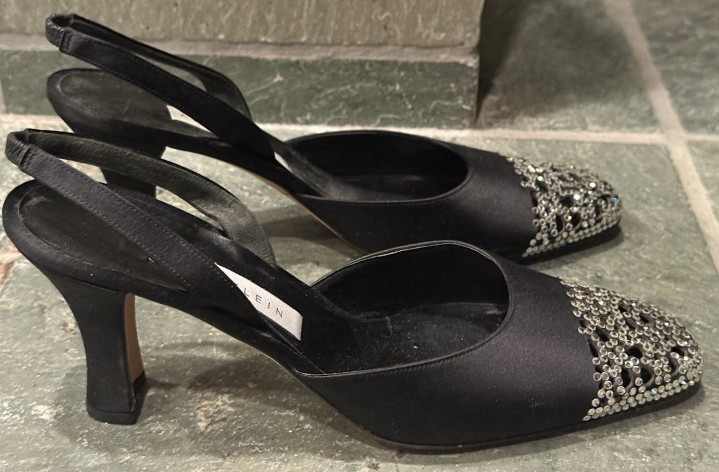 Womens Black Satin Crystal Slingback Heels Size 8 New Year Partu Formal