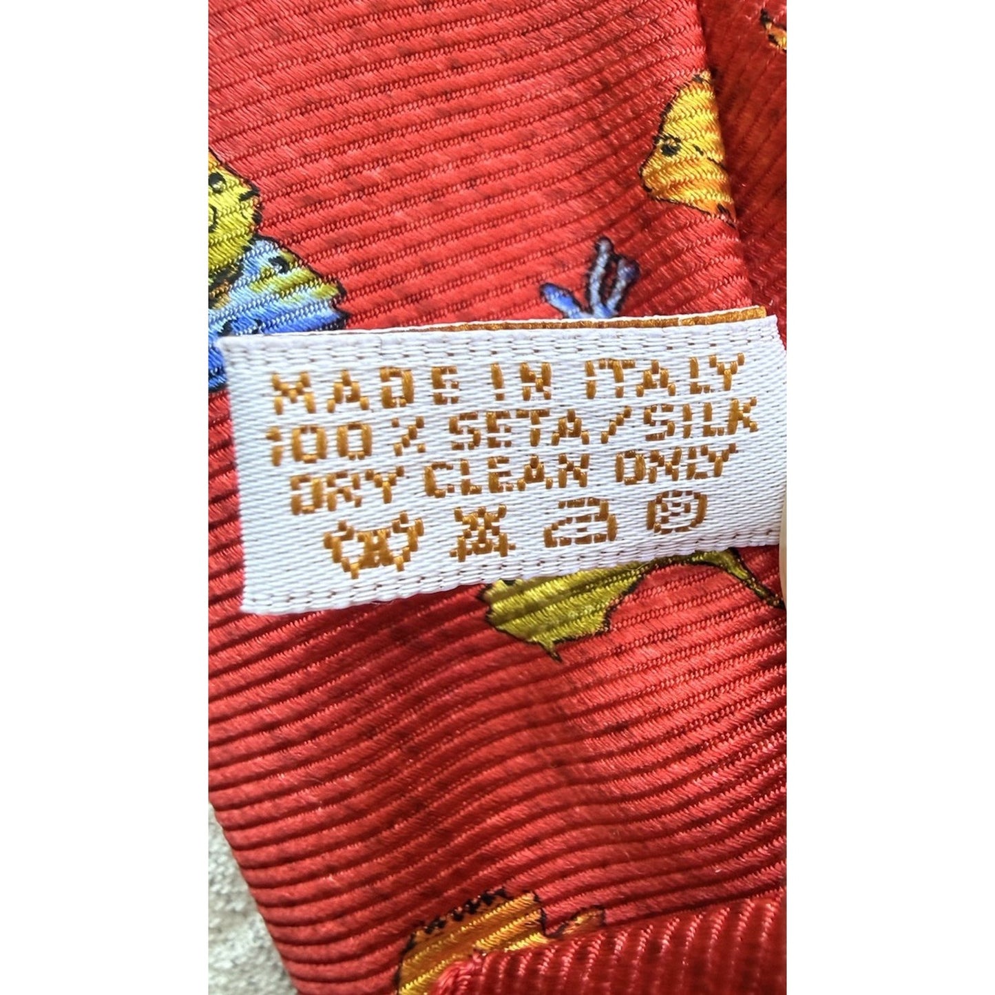 Bvlgari Red Silk 7 Fold Neck Tie with Yellow and Orange Fish Blue Dolphin Italy