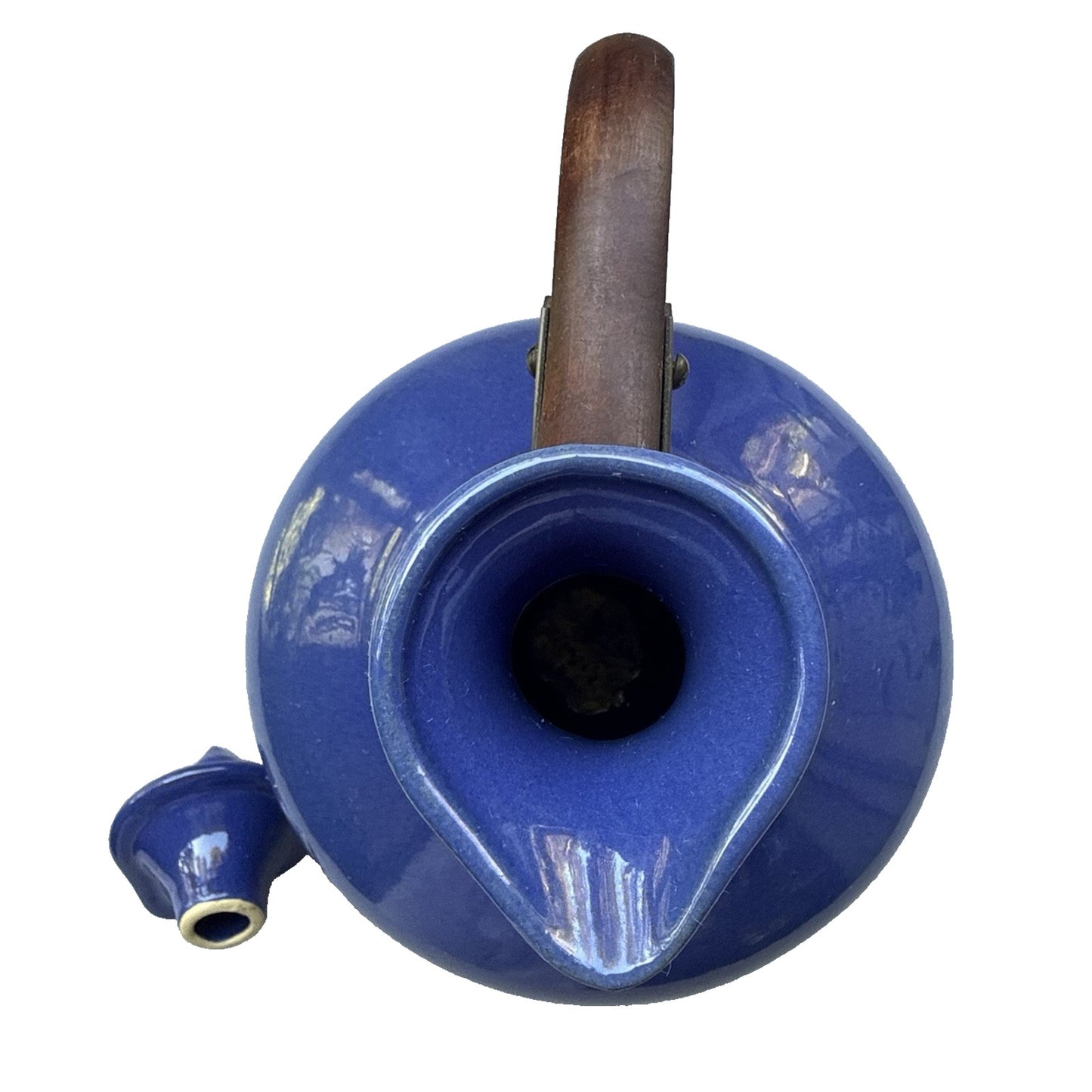 Vintage Bauer Pottery Plainware Blue Coffee Carafe Pitcher Wood Handle Lid MCM