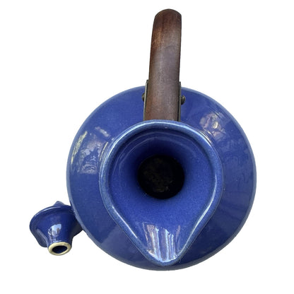 Vintage Bauer Pottery Plainware Blue Coffee Carafe Pitcher Wood Handle Lid MCM