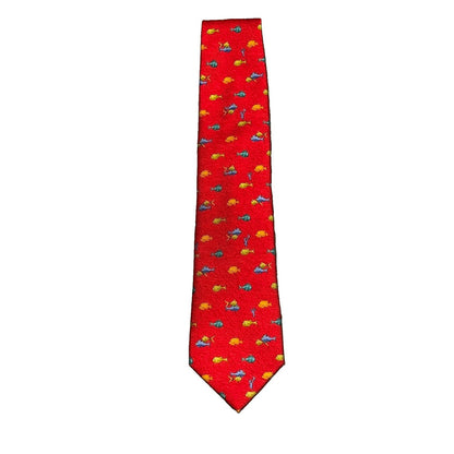 Bvlgari Red Silk 7 Fold Neck Tie with Yellow and Orange Fish Blue Dolphin Italy