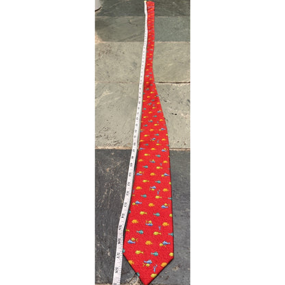 Bvlgari Red Silk 7 Fold Neck Tie with Yellow and Orange Fish Blue Dolphin Italy