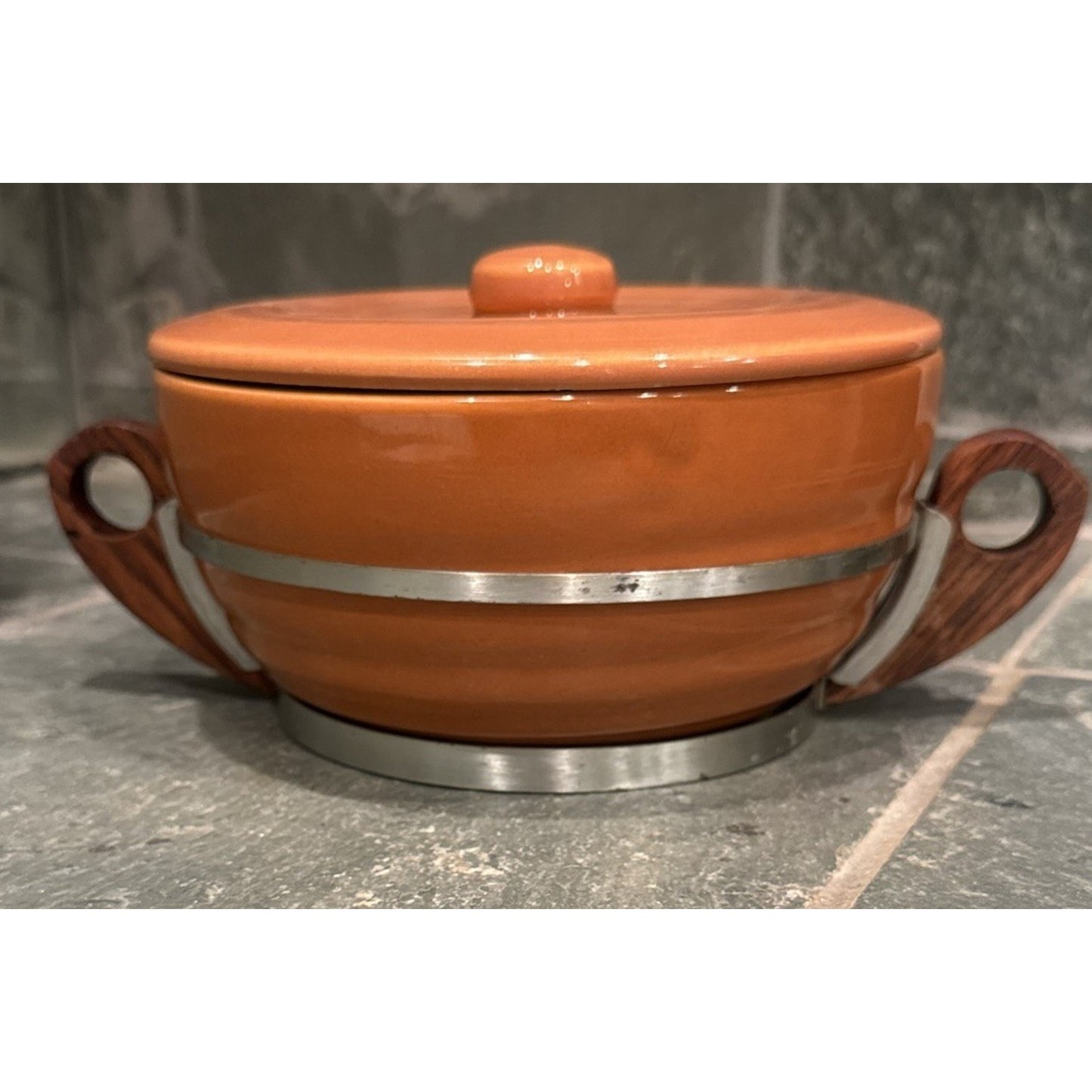Vintage Bauer Pottery GPK Orange Rust Casserole No 3 Dish Lid Wood Handle 8”