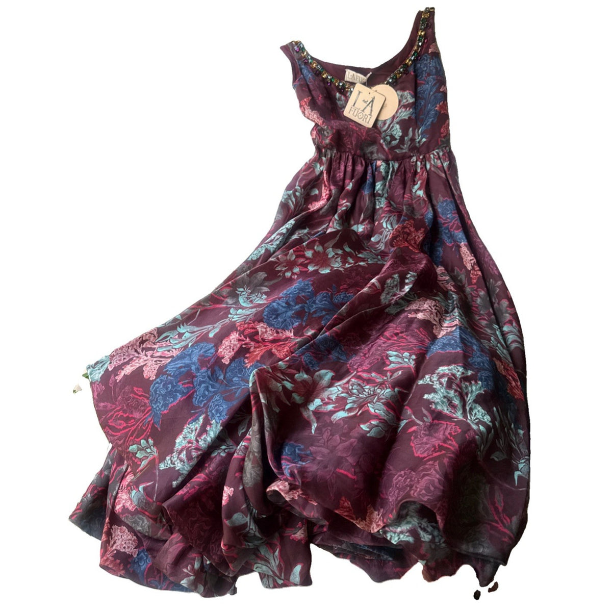 La Fuori Burgundy Garden Jewel Dress Silk Blend Floral Satin Pleated Maxi Gown