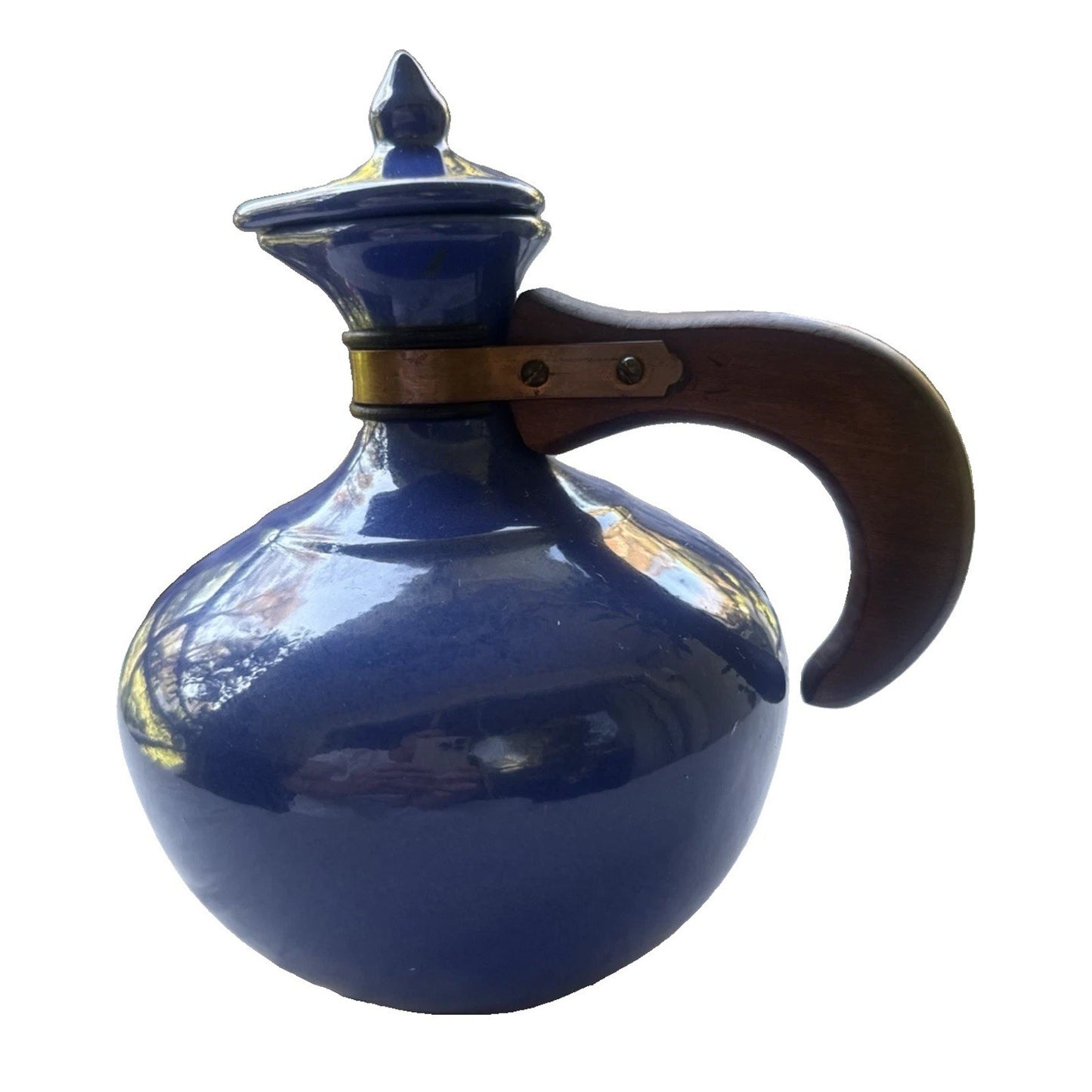 Vintage Bauer Pottery Plainware Blue Coffee Carafe Pitcher Wood Handle Lid MCM