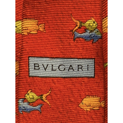 Bvlgari Red Silk 7 Fold Neck Tie with Yellow and Orange Fish Blue Dolphin Italy
