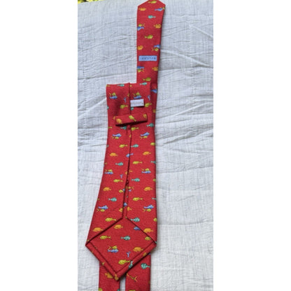 Bvlgari Red Silk 7 Fold Neck Tie with Yellow and Orange Fish Blue Dolphin Italy