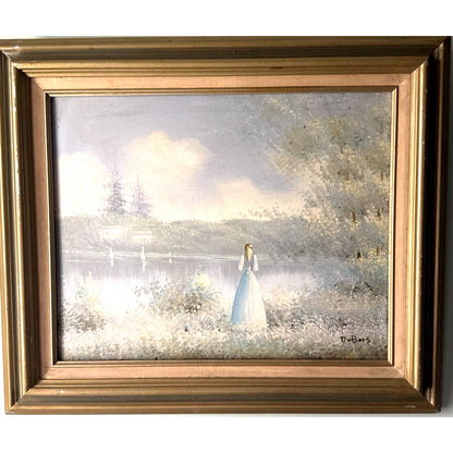 Vintage DuBois Oil Painting Lady by Lake Sailboats French Provincial Frame 22x26