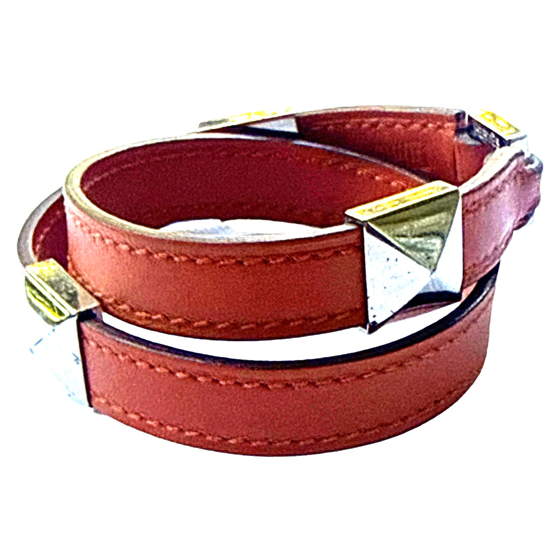 HERMES Medor Infini Cloute Double Tour Orange H Leather Bracelet Silver 13" 2007