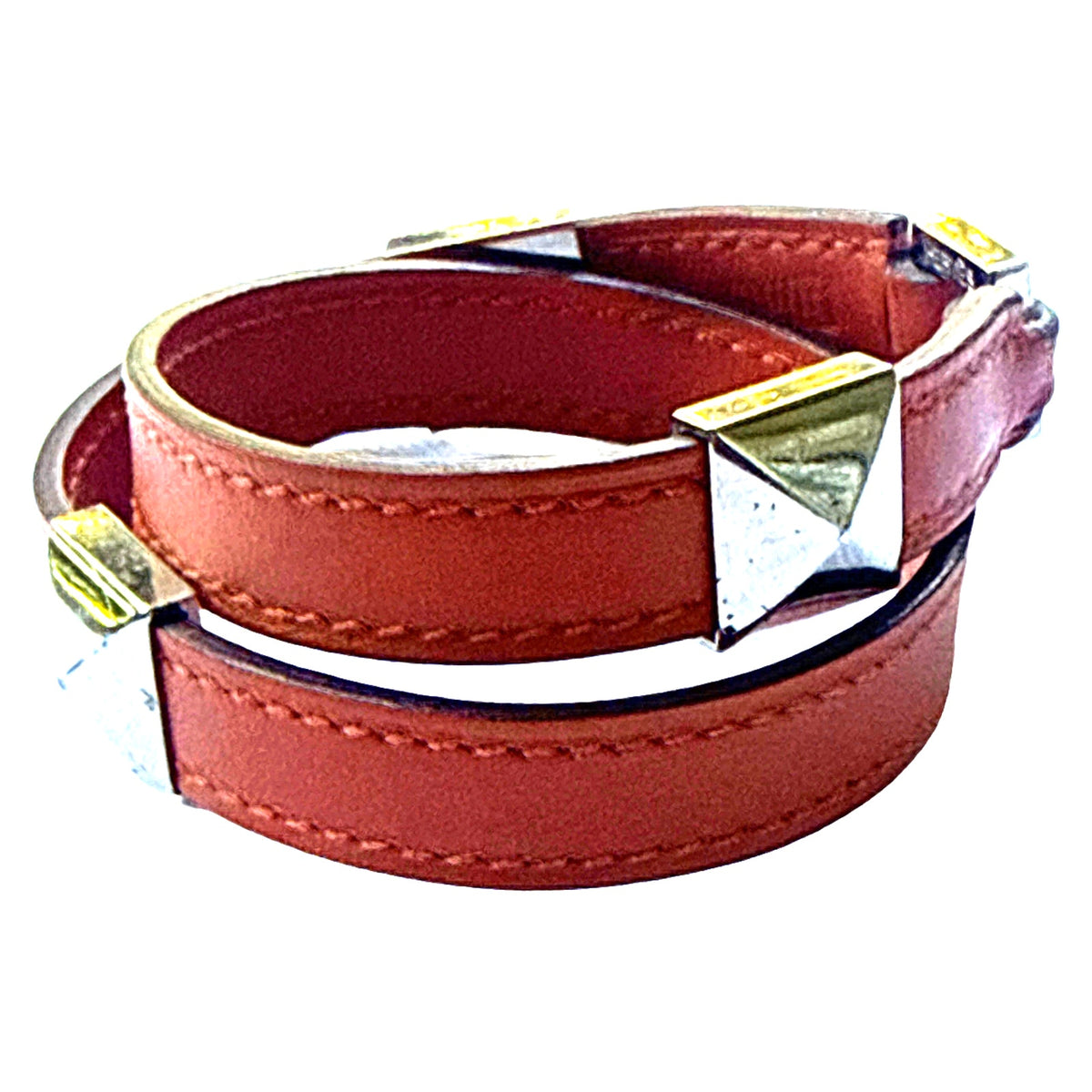 HERMES Medor Infini Cloute Double Tour Orange H Leather Bracelet Silver 13" 2007