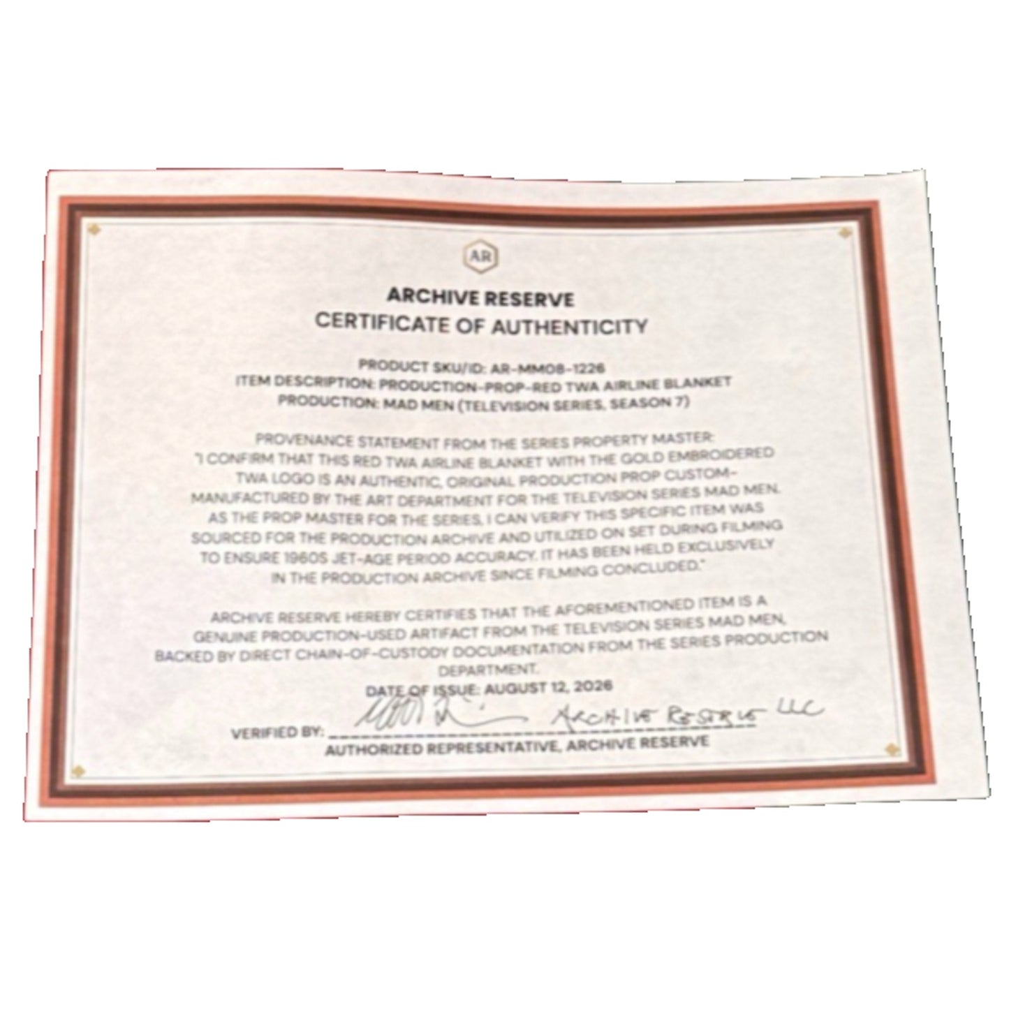 Mad Men Don Draper Red TWA Blanket Original Season 7 Prop Master Owned COA