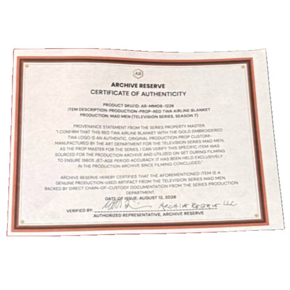 Mad Men Don Draper Red TWA Blanket Original Season 7 Prop Master Owned COA