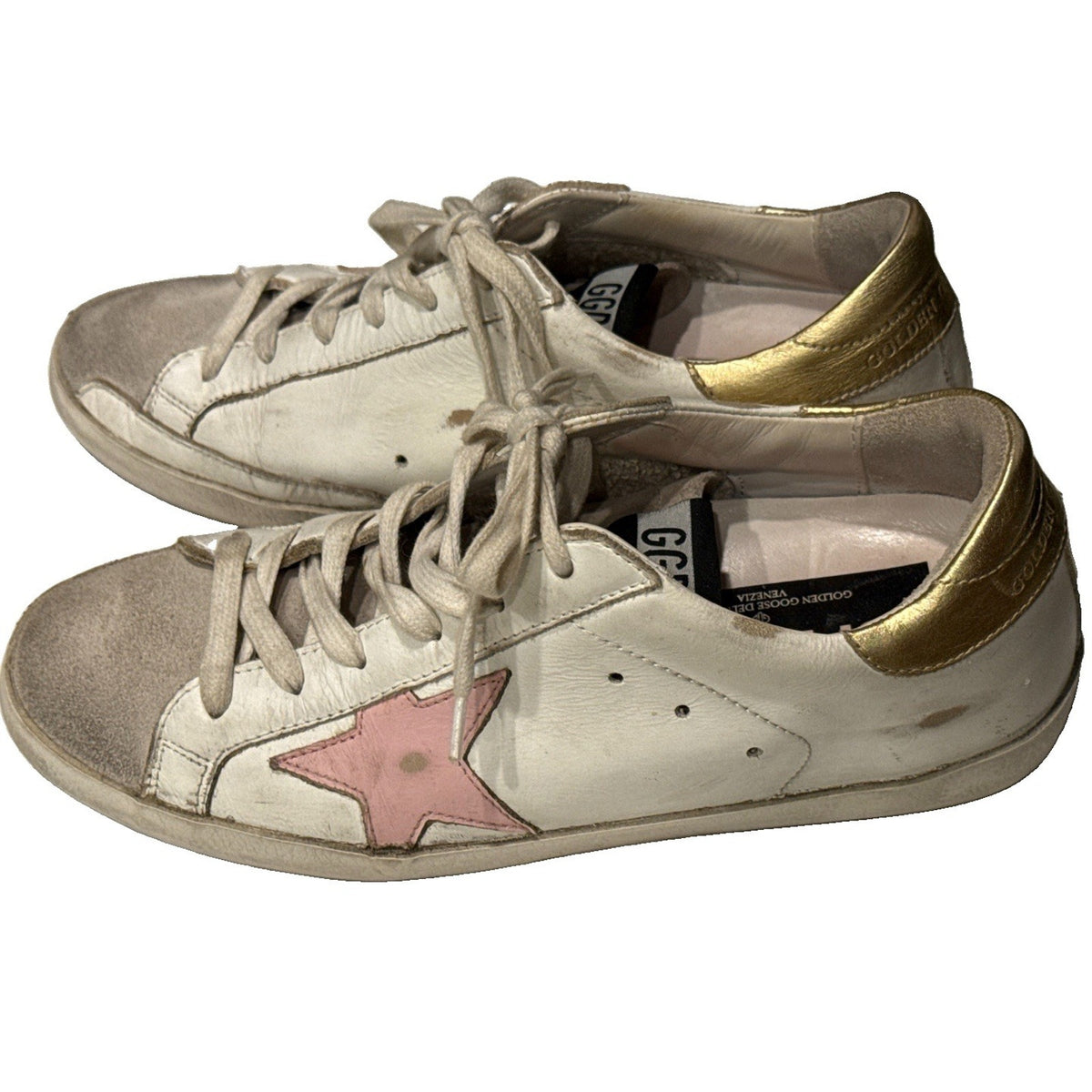 Golden Goose Superstar Sneakers White Leather Pink Star Gold Heel Tab EU 37 US 7