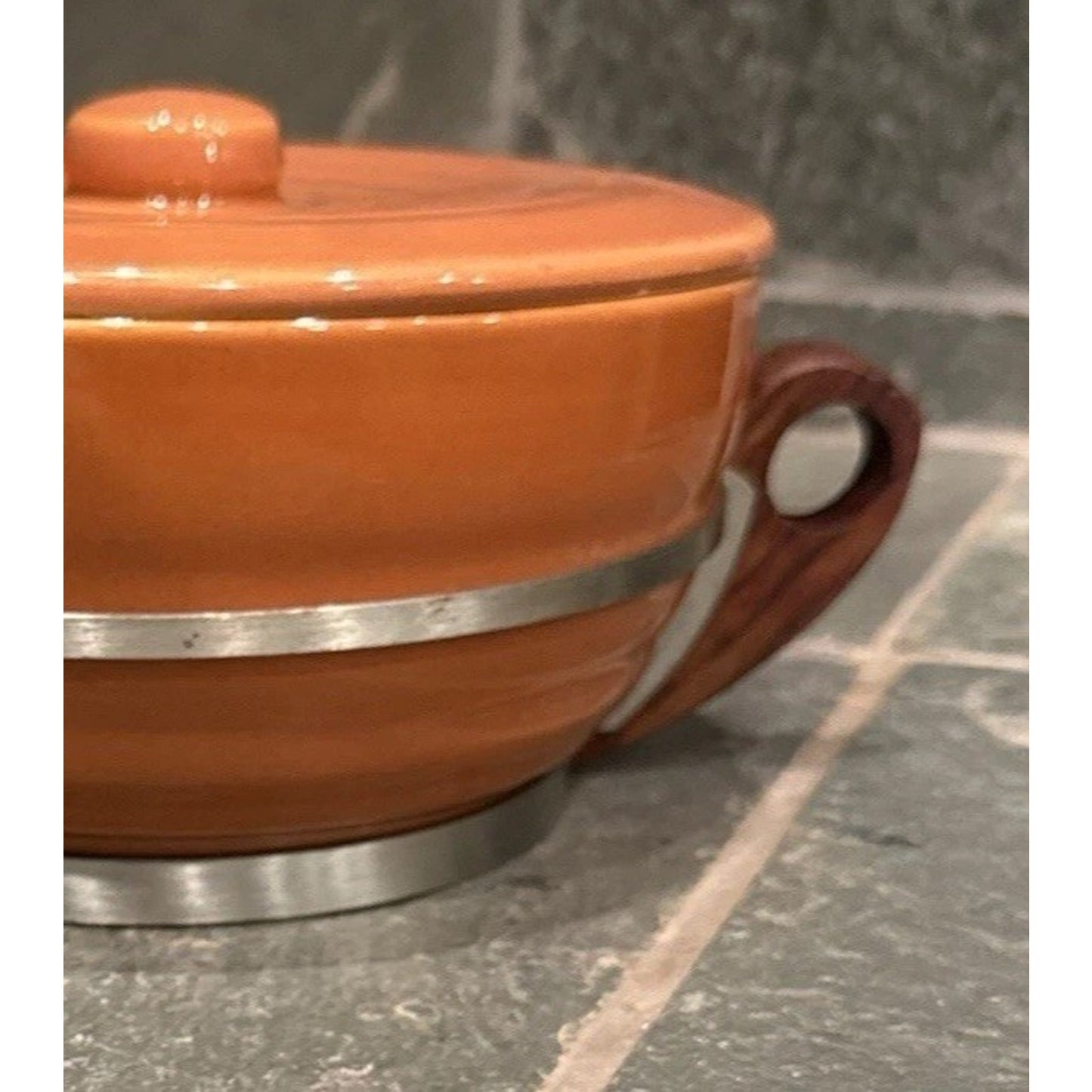 Vintage Bauer Pottery GPK Orange Rust Casserole No 3 Dish Lid Wood Handle 8”