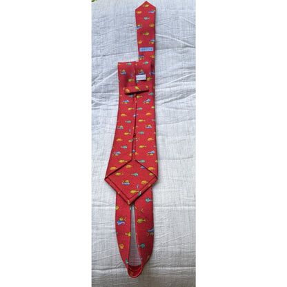 Bvlgari Red Silk 7 Fold Neck Tie with Yellow and Orange Fish Blue Dolphin Italy