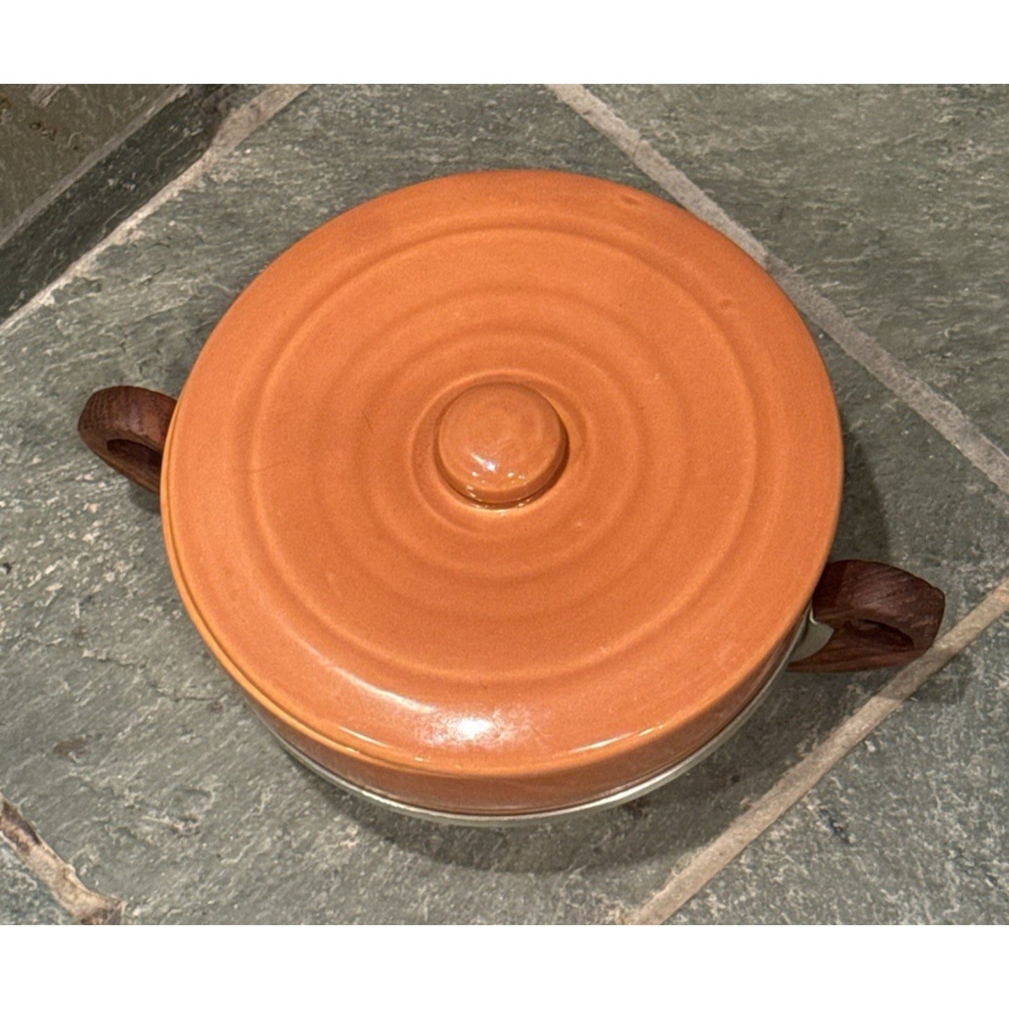 Vintage Bauer Pottery GPK Orange Rust Casserole No 3 Dish Lid Wood Handle 8”