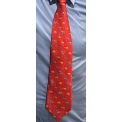 Bvlgari Red Silk 7 Fold Neck Tie with Yellow and Orange Fish Blue Dolphin Italy