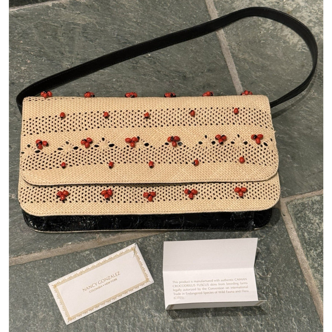 Vintage Nancy Gonzalez Caiman Crocodile Wicker Shoulder Bag Cream Beaded Red