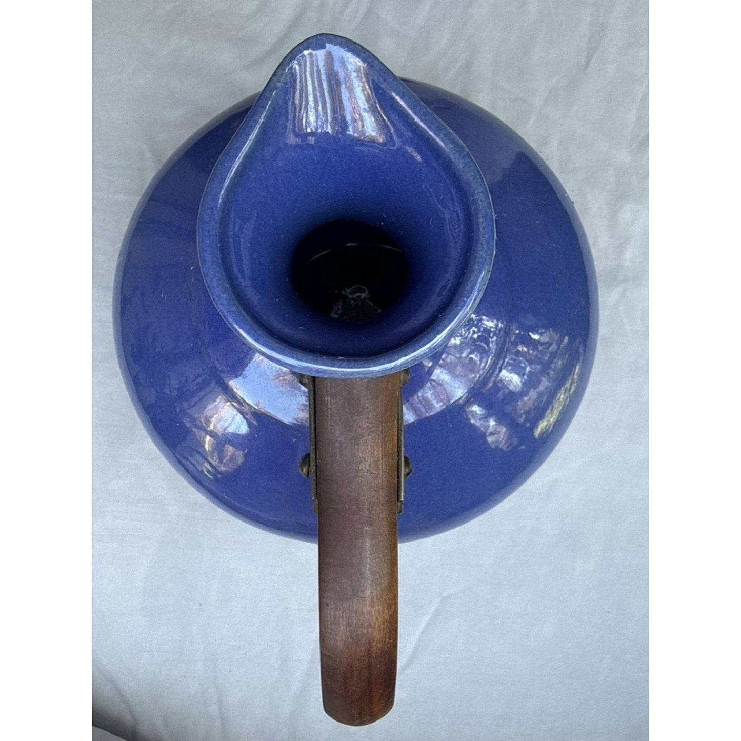 Vintage Bauer Pottery Plainware Blue Coffee Carafe Pitcher Wood Handle Lid MCM