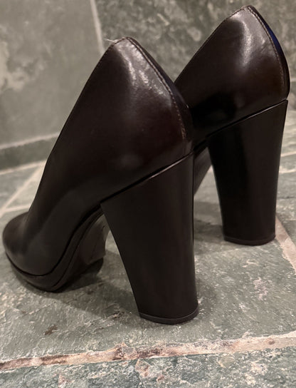 Calvin Klein Dark Brown Pumps Calfskin Leather Block Heels 8M Round Toe w/ Box