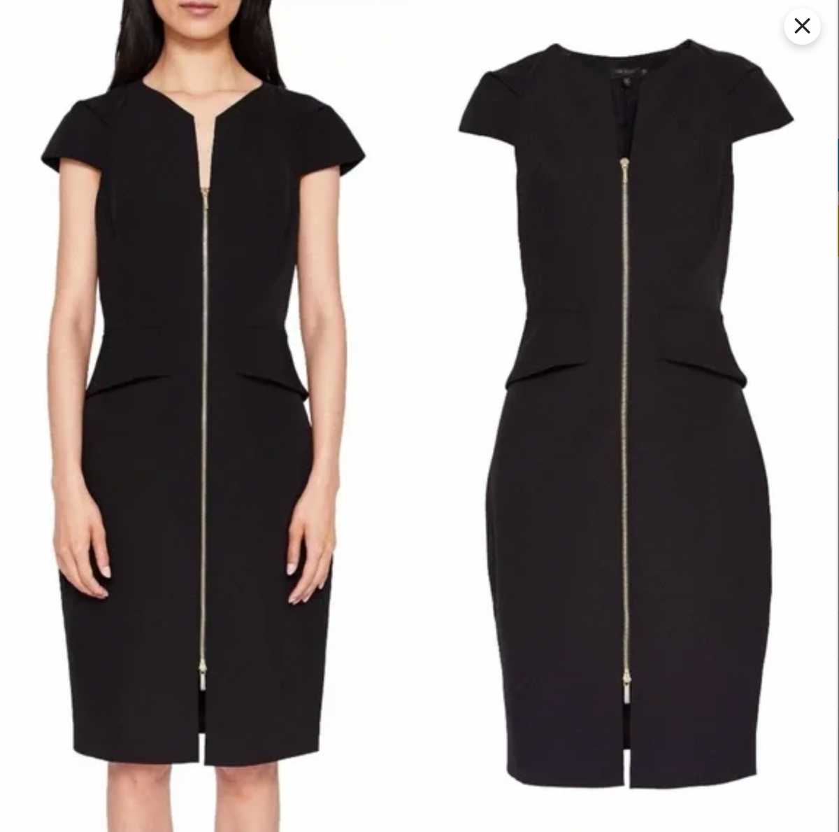 Ted Baker Architectural Pencil Dress Black Cocktail Sheath Gold Zip US 10 Size 4