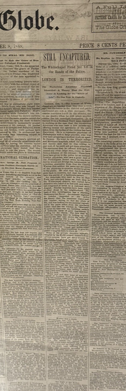 RARE Original 1888 Newspaper JACK THE RIPPER “WHITEChAPEL FIEND" FRAMED 25"x31"