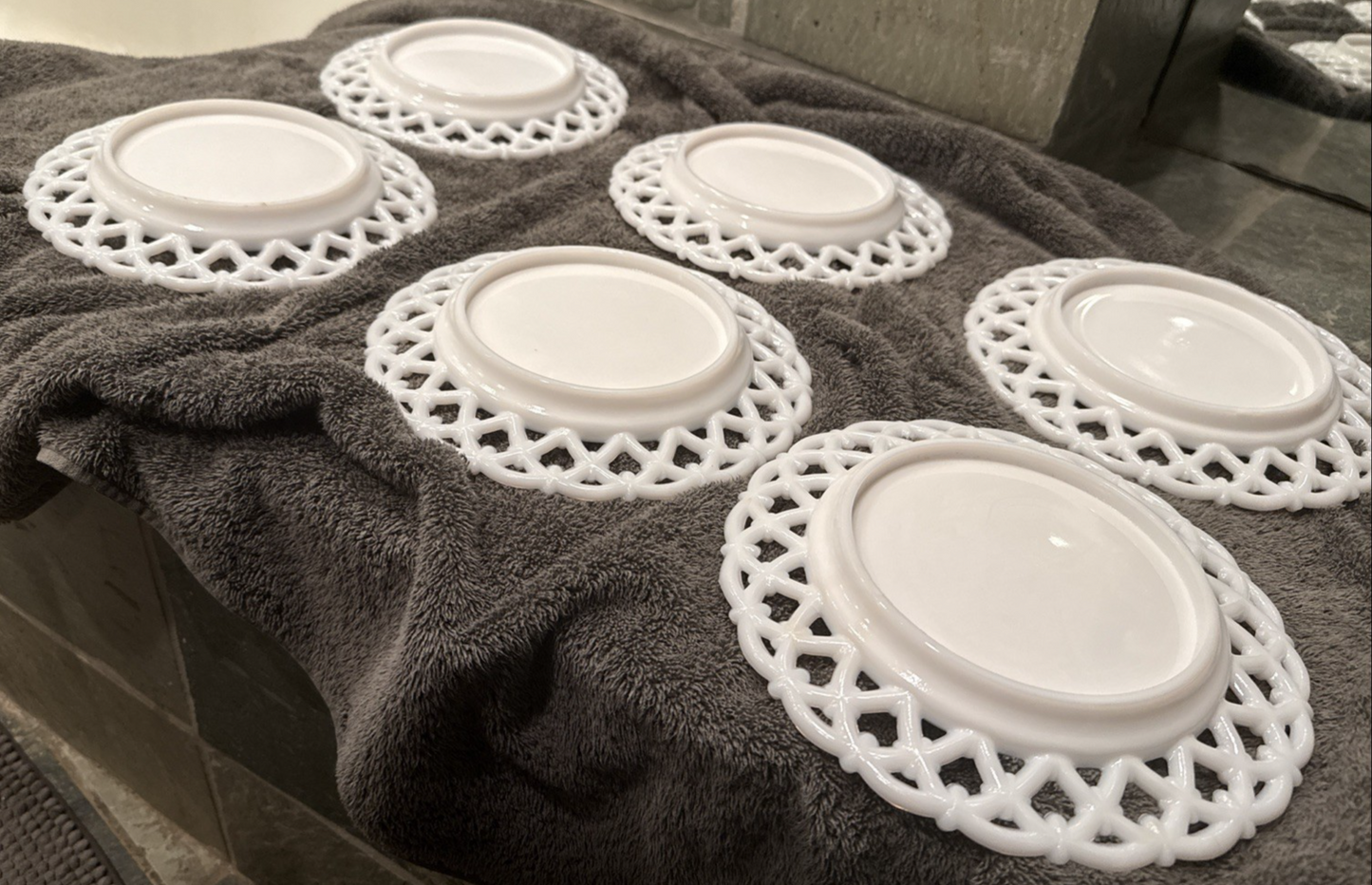 Set of 6 Vintage Westmoreland Milk Glass Plates 8.5" Forget-Me-Not Lace Edge