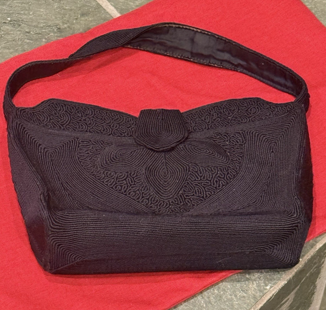 Vintage 1940s "Genuine Cordé Creation" Handbag Purse 100% Rayon Black Gold Snap