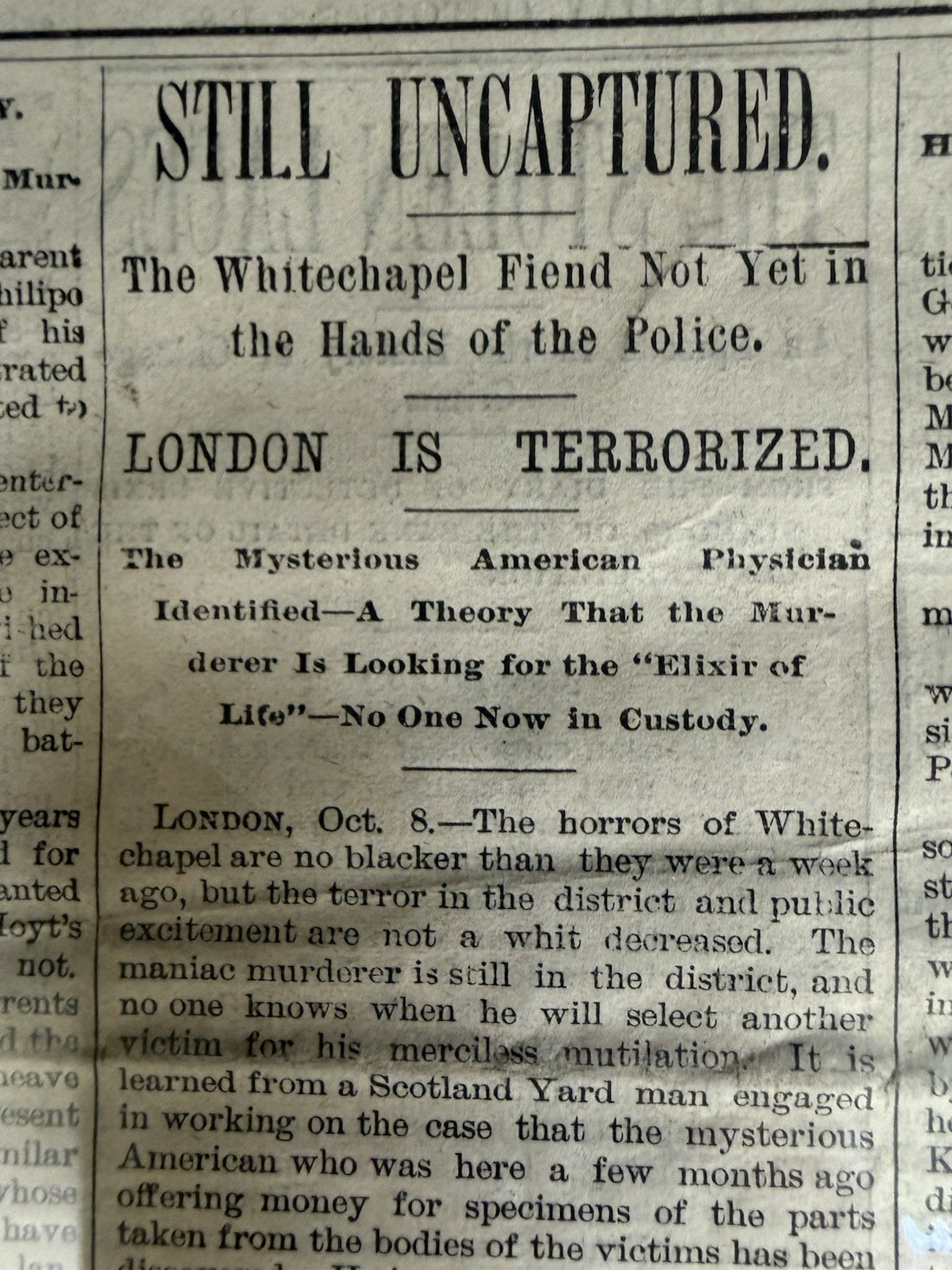 RARE Original 1888 Newspaper JACK THE RIPPER “WHITEChAPEL FIEND" FRAMED 25"x31"