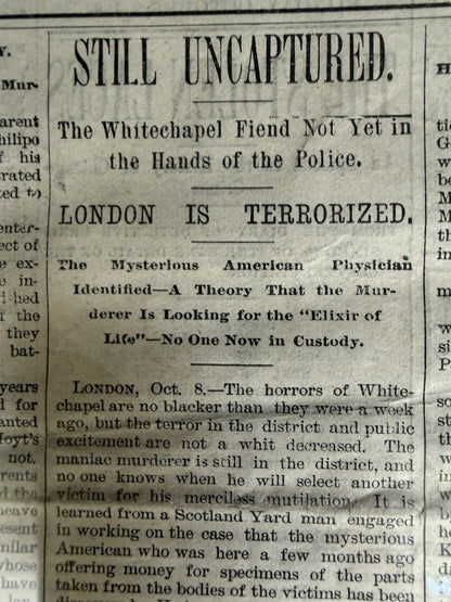 RARE Original 1888 Newspaper JACK THE RIPPER “WHITEChAPEL FIEND" FRAMED 25"x31"