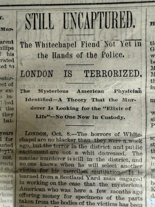 RARE Original 1888 Newspaper JACK THE RIPPER “WHITEChAPEL FIEND" FRAMED 25"x31"