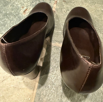 Calvin Klein Dark Brown Pumps Calfskin Leather Block Heels 8M Round Toe w/ Box