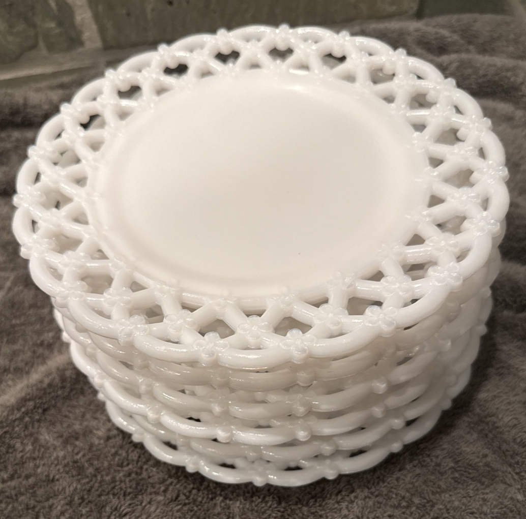 Set of 6 Vintage Westmoreland Milk Glass Plates 8.5" Forget-Me-Not Lace Edge