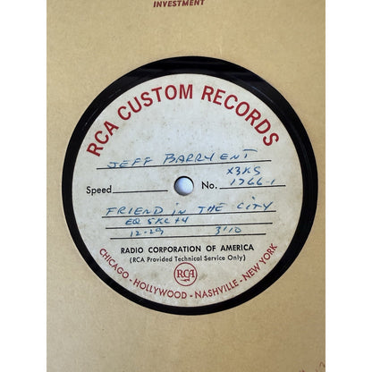 Jeff Barry Ent Friend in the City 1969 Acetate Test Pressing 45 RPM RCA Custom