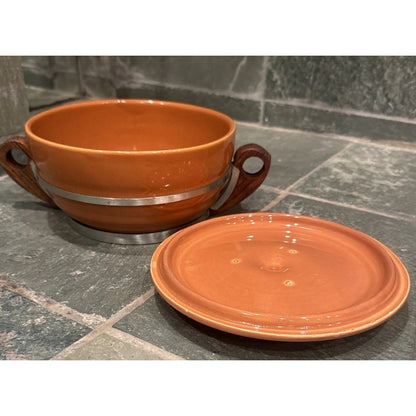 Vintage Bauer Pottery GPK Orange Rust Casserole No 3 Dish Lid Wood Handle 8”