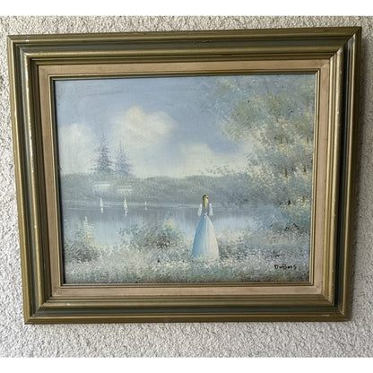Vintage DuBois Oil Painting Lady by Lake Sailboats French Provincial Frame 22x26