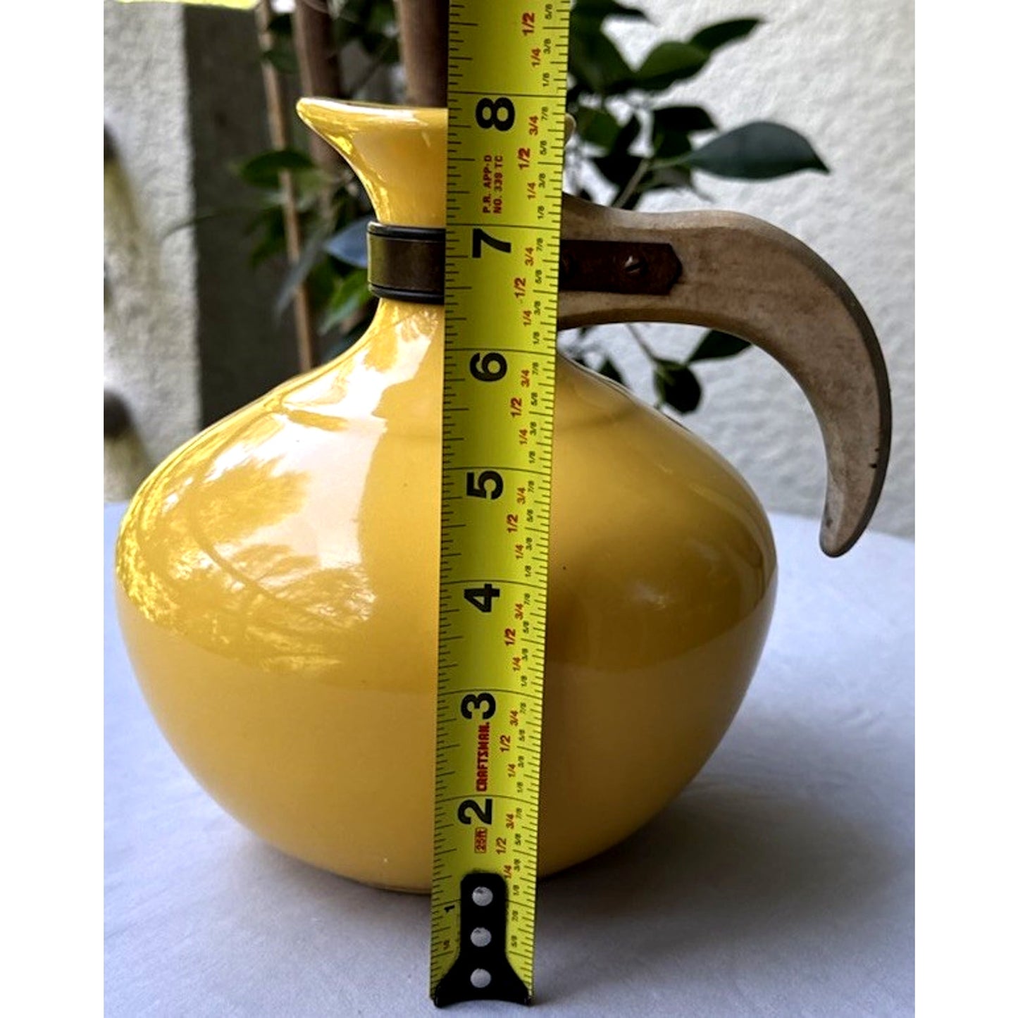 Vintage Bauer Pottery Plainware Yellow Coffee Carafe Pitcher Wood Handle Lid MCM