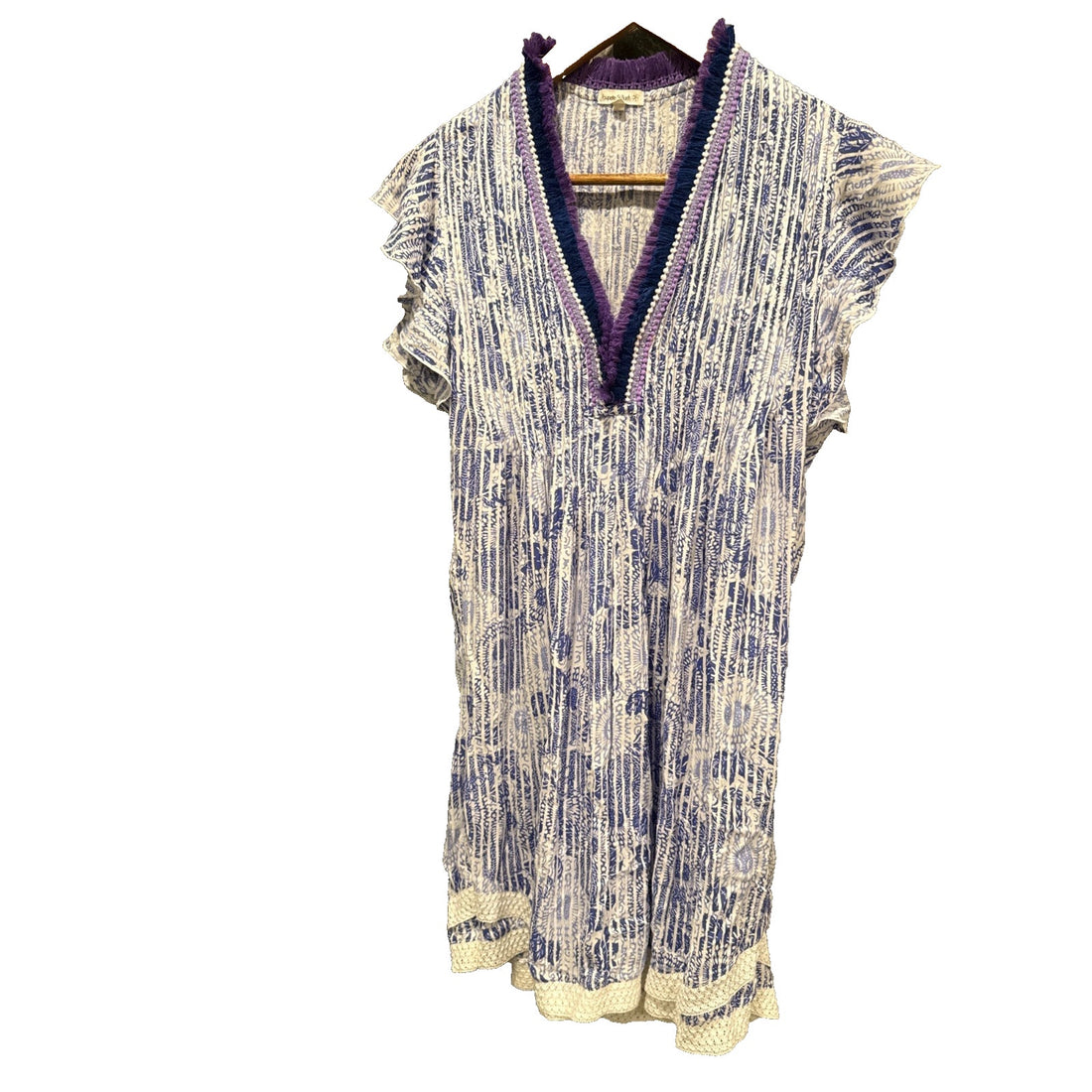 Poupette St Barth Sasha Mini Dress Blue White Print Ruffle Trim Tunic Size XS