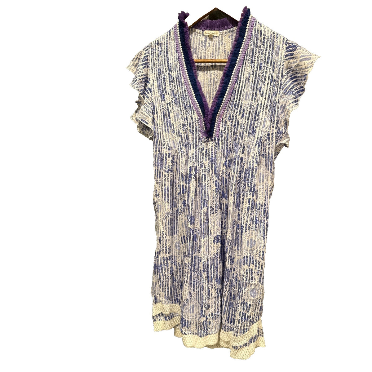 Poupette St Barth Sasha Mini Dress Blue White Print Ruffle Trim Tunic Size XS