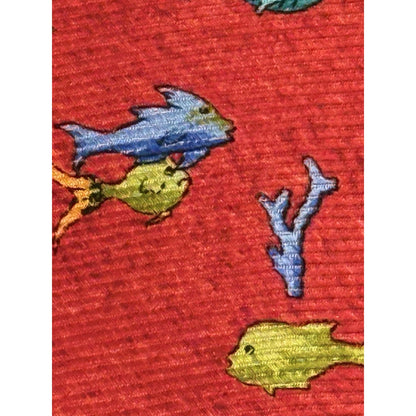 Bvlgari Red Silk 7 Fold Neck Tie with Yellow and Orange Fish Blue Dolphin Italy