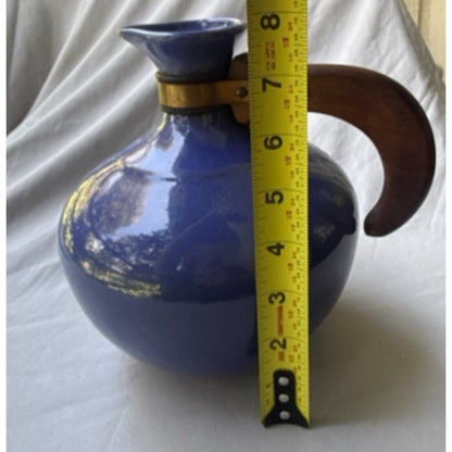 Vintage Bauer Pottery Plainware Blue Coffee Carafe Pitcher Wood Handle Lid MCM