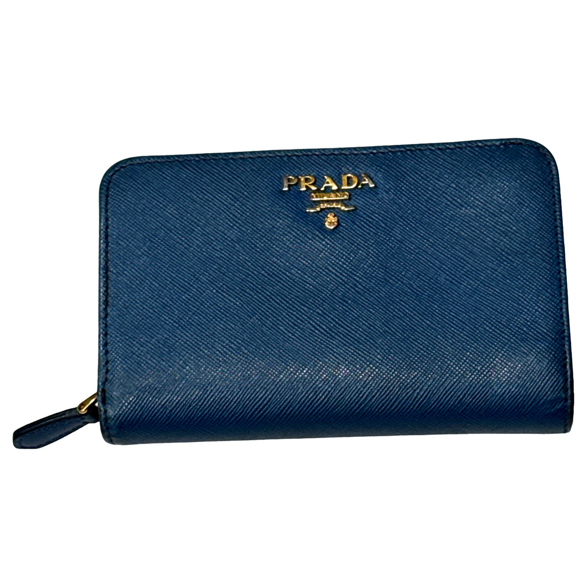 Prada Saffiano Leather Zip Around Coin Purse Card Case Wallet Blue Gold Logo