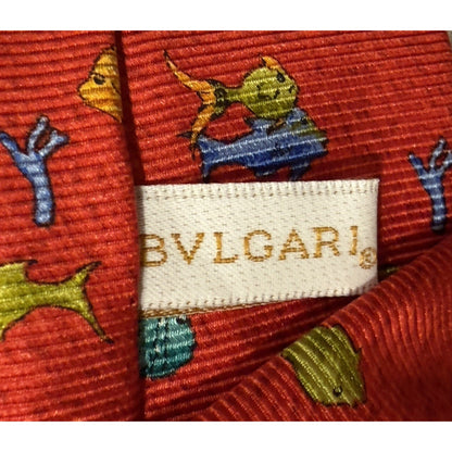 Bvlgari Red Silk 7 Fold Neck Tie with Yellow and Orange Fish Blue Dolphin Italy