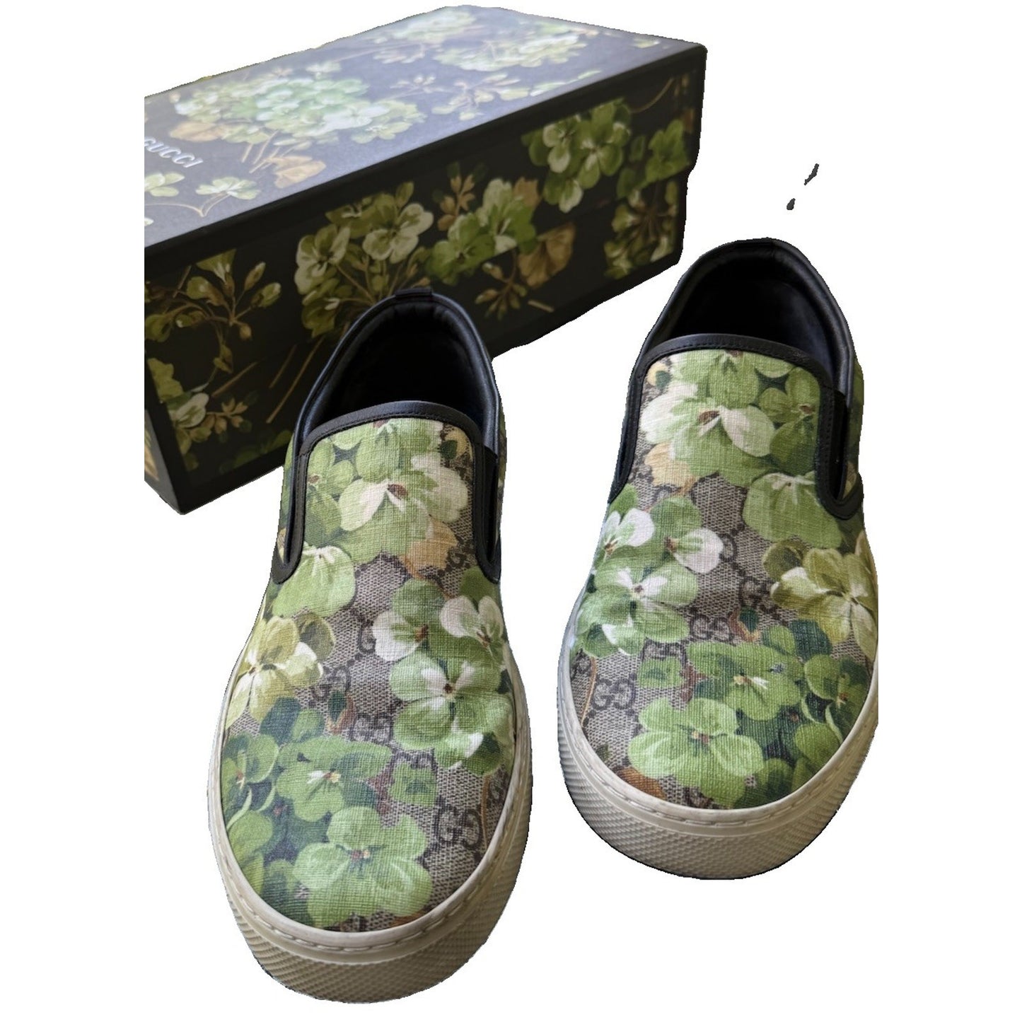 Gucci 407362 GG Supreme Blooms Green Slip On Sneakers Shoes Men 9G Fit US 10 Box