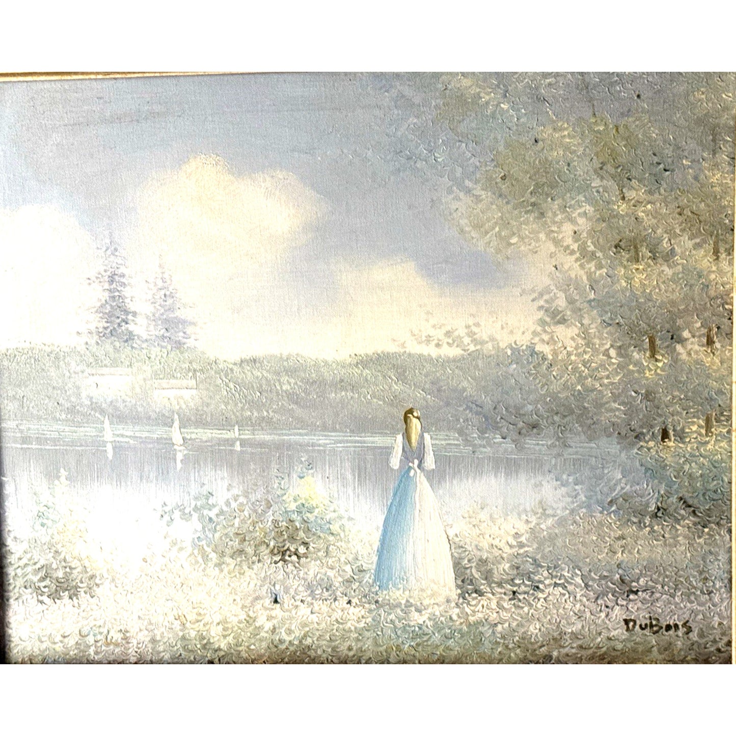 Vintage DuBois Oil Painting Lady by Lake Sailboats French Provincial Frame 22x26