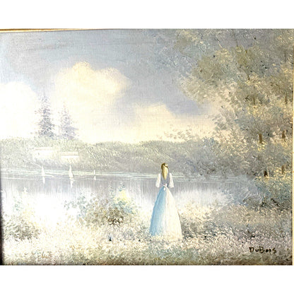 Vintage DuBois Oil Painting Lady by Lake Sailboats French Provincial Frame 22x26