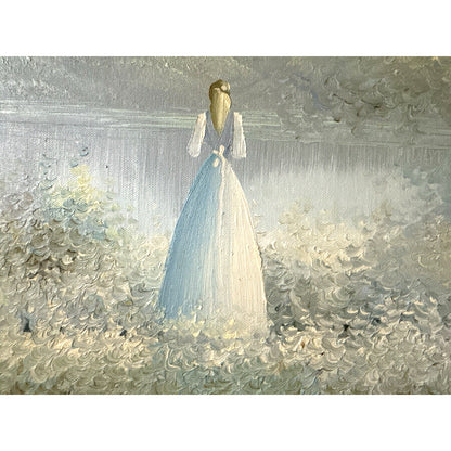 Vintage DuBois Oil Painting Lady by Lake Sailboats French Provincial Frame 22x26