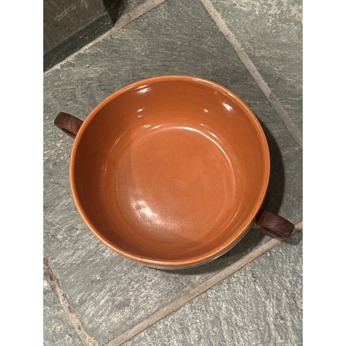 Vintage Bauer Pottery GPK Orange Rust Casserole No 3 Dish Lid Wood Handle 8”
