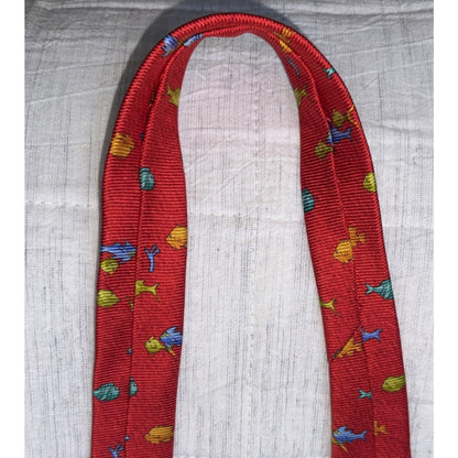 Bvlgari Red Silk 7 Fold Neck Tie with Yellow and Orange Fish Blue Dolphin Italy