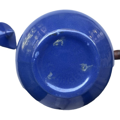 Vintage Bauer Pottery Plainware Blue Coffee Carafe Pitcher Wood Handle Lid MCM